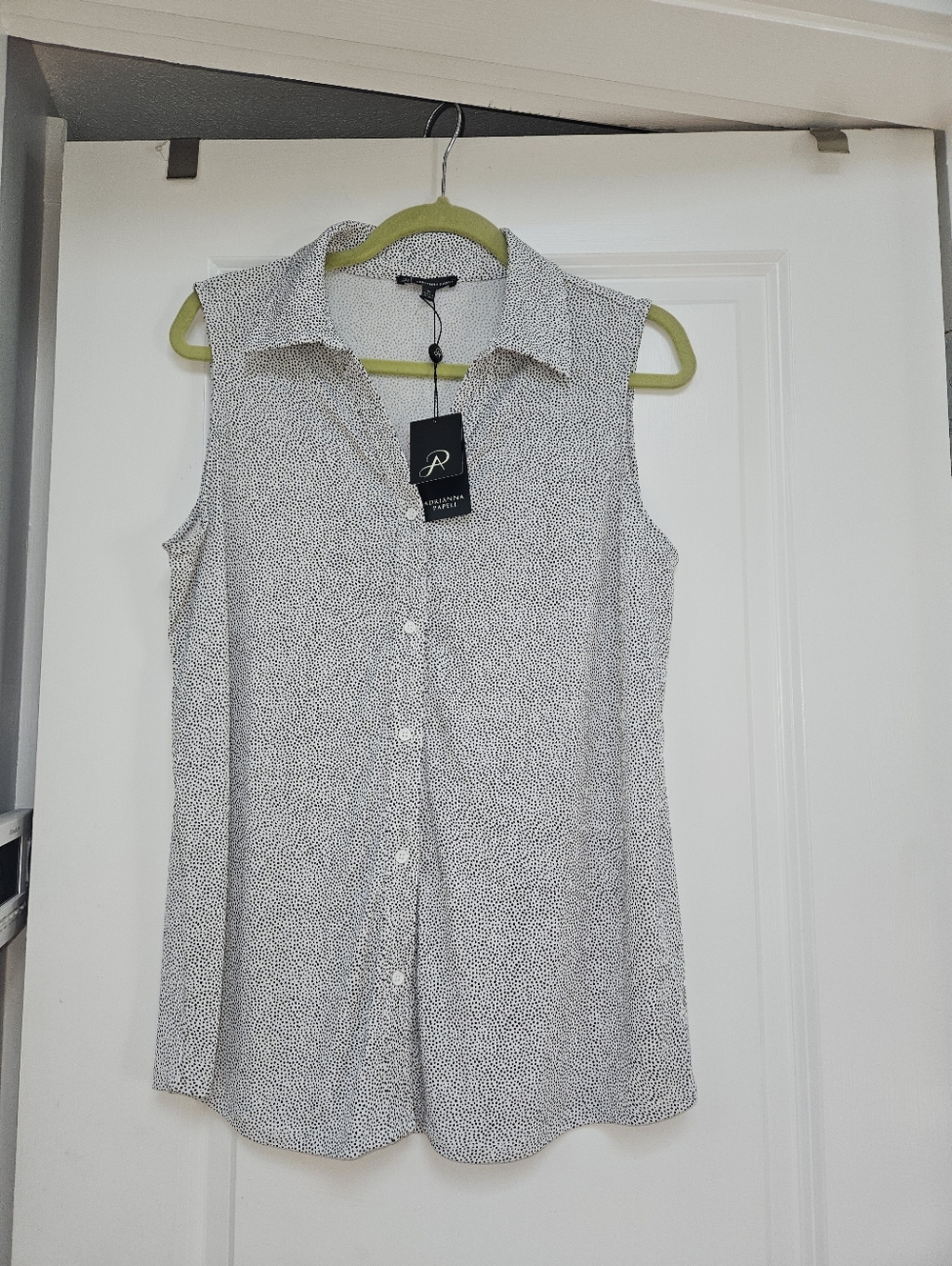 Adrianna Papell White  Sleeveless Button-Down with Black Dot Print